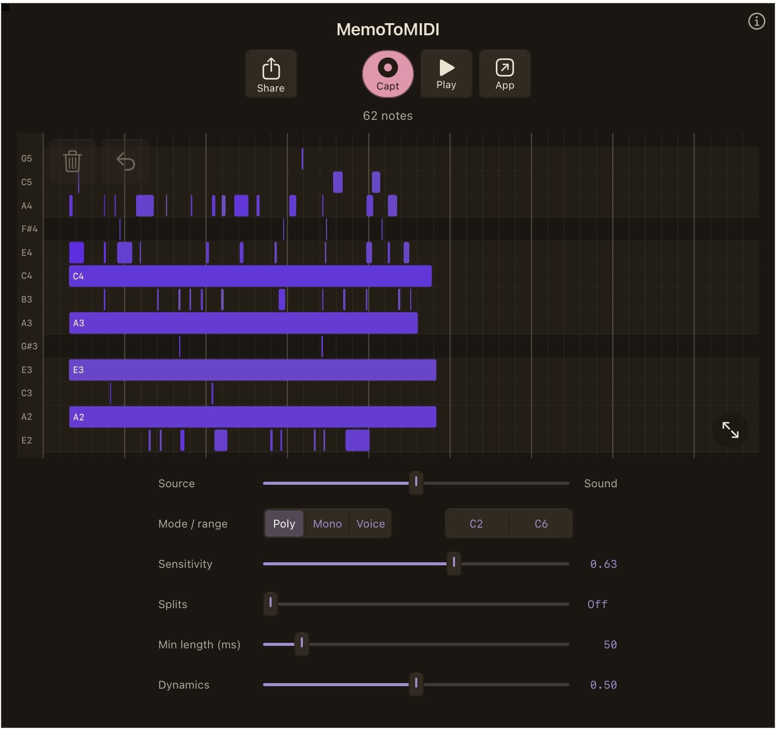 The MemoToMIDI plugin open in an AUv3 host on iPad, showing the piano roll and the detection controls.
