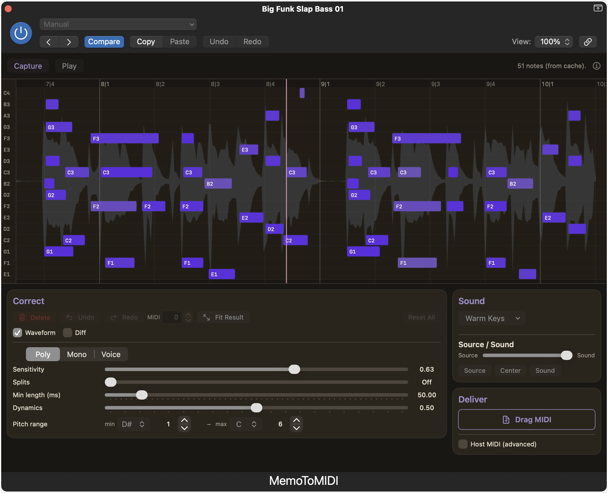 The MemoToMIDI plugin open in Logic Pro on the Mac, with the Drag MIDI chip below the piano roll.