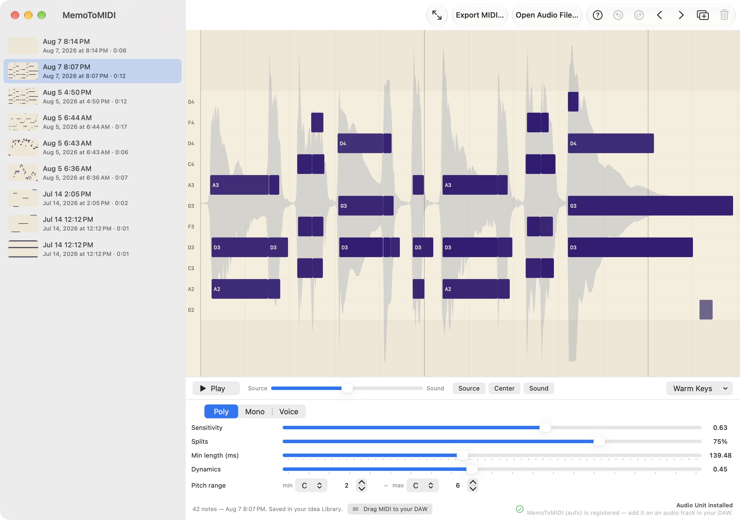 The MemoToMIDI Mac app with a transcribed idea on the piano roll and the Idea Library beside it.