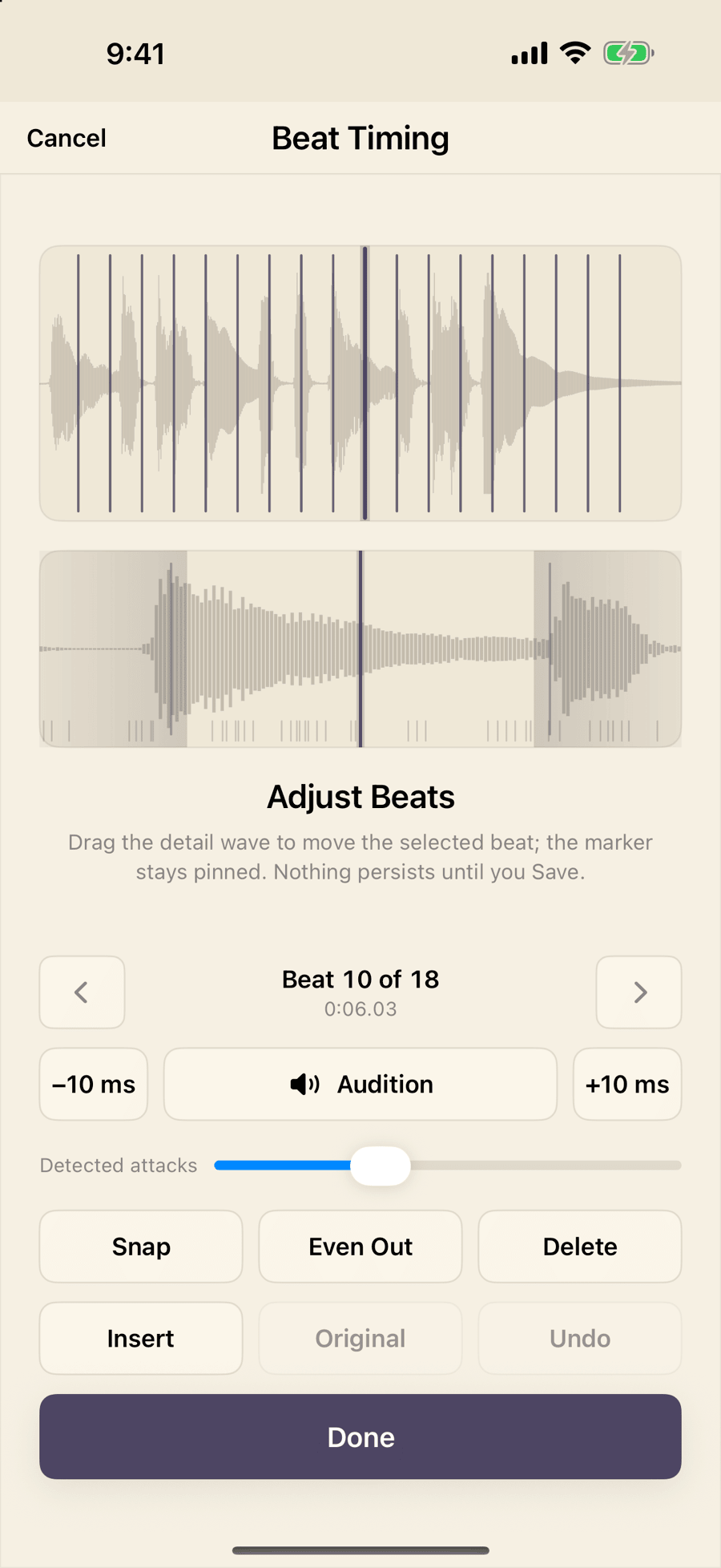 MemoToMIDI Adjust Beats review on iPhone showing the full-take and detail waveforms, Beat 10 of 18, nudge and audition controls, the Detected attacks slider, Snap, Even Out, Delete, Insert, Original, Undo, and Done
