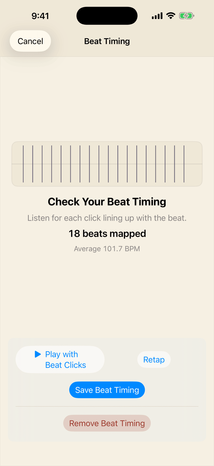 MemoToMIDI Beat Timing review on iPhone showing mapped beats, secondary Play with Beat Clicks and Retap controls, a prominent Save Beat Timing button, and a separate Remove Beat Timing action
