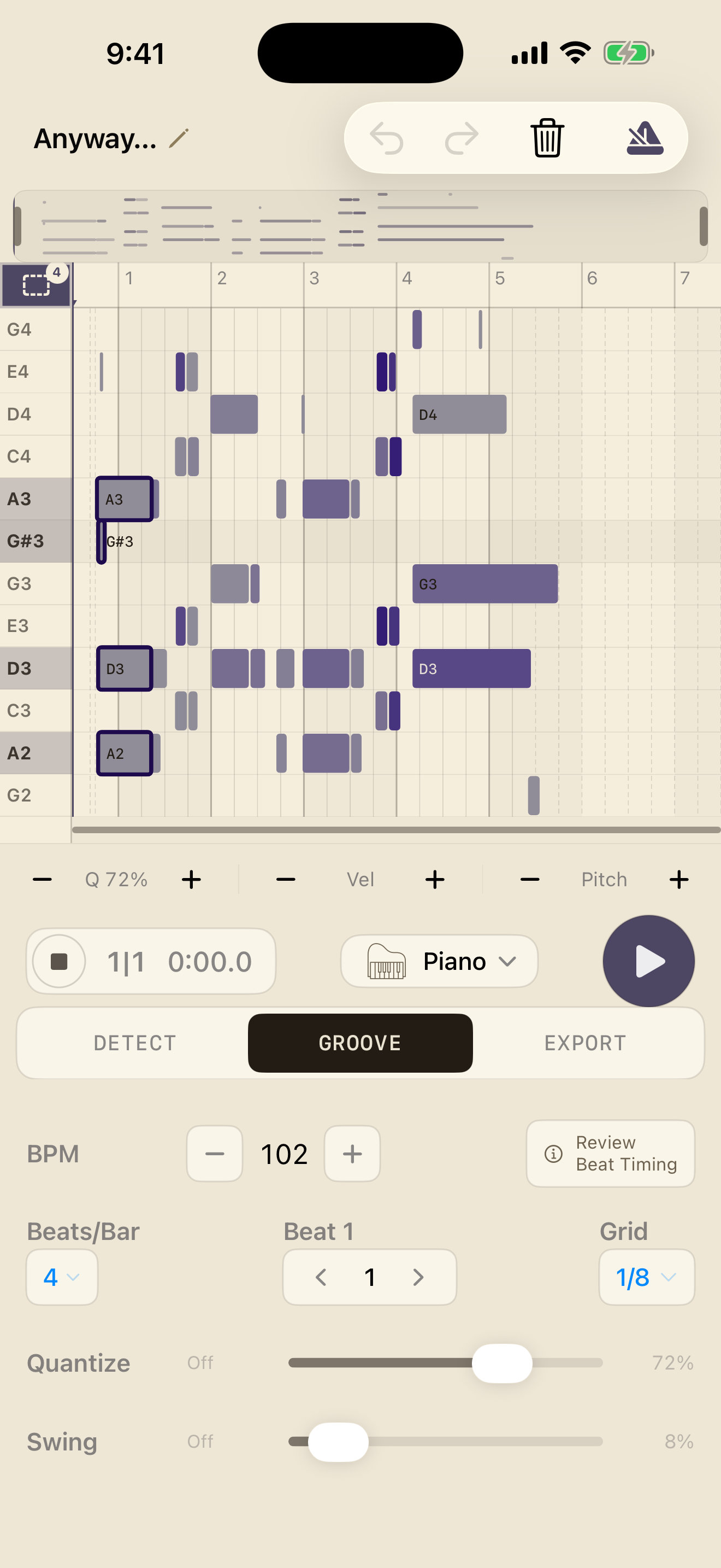 MemoToMIDI iPhone Groove editor with Select mode active, four notes selected, and a 4 badge in the dashed-rectangle control