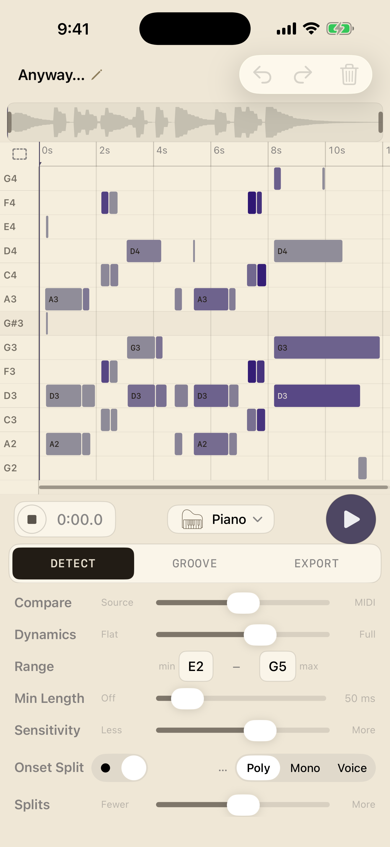 MemoToMIDI iPhone Editor showing a transcribed piano roll and the Detect controls