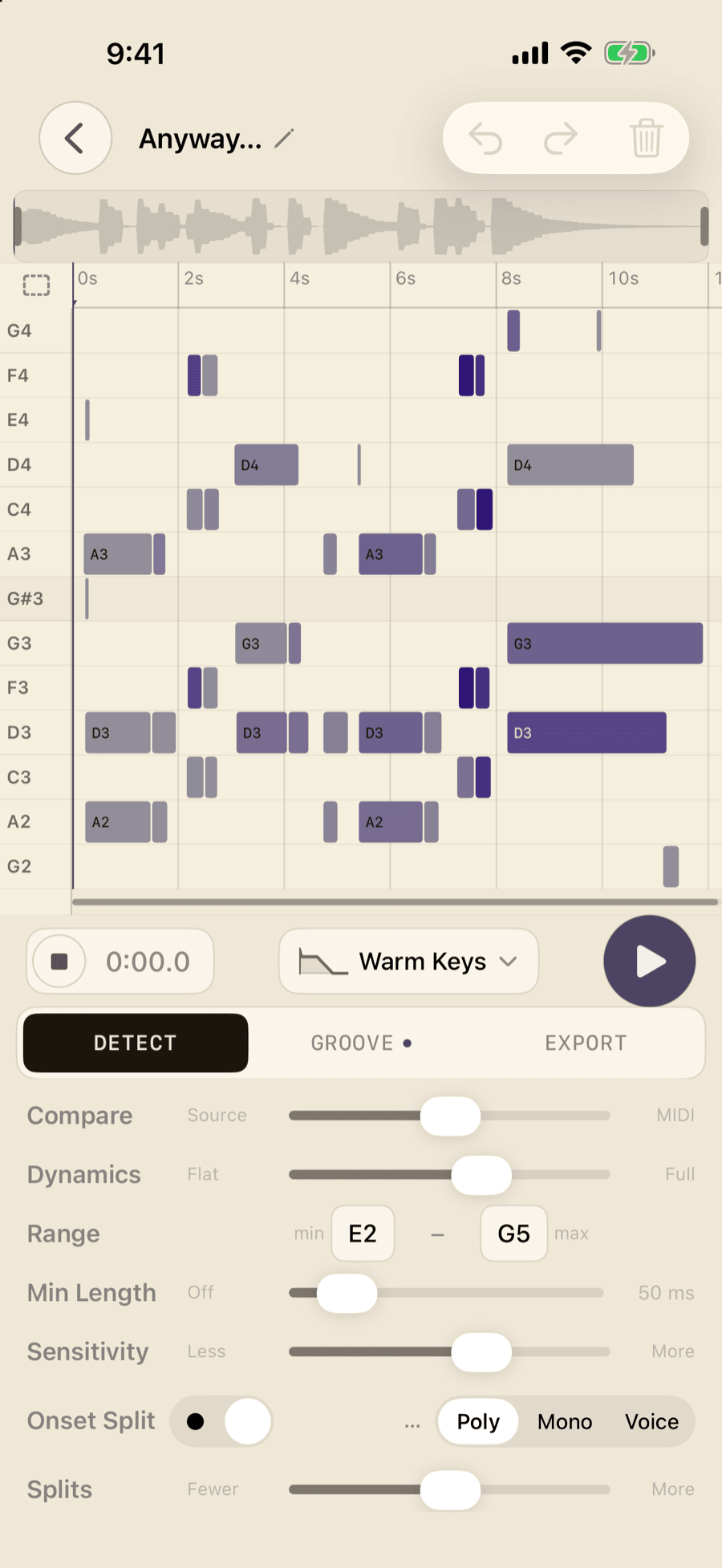 MemoToMIDI Build 10 iPhone Editor showing a transcribed piano roll, Warm Keys playback voice, and the Detect controls