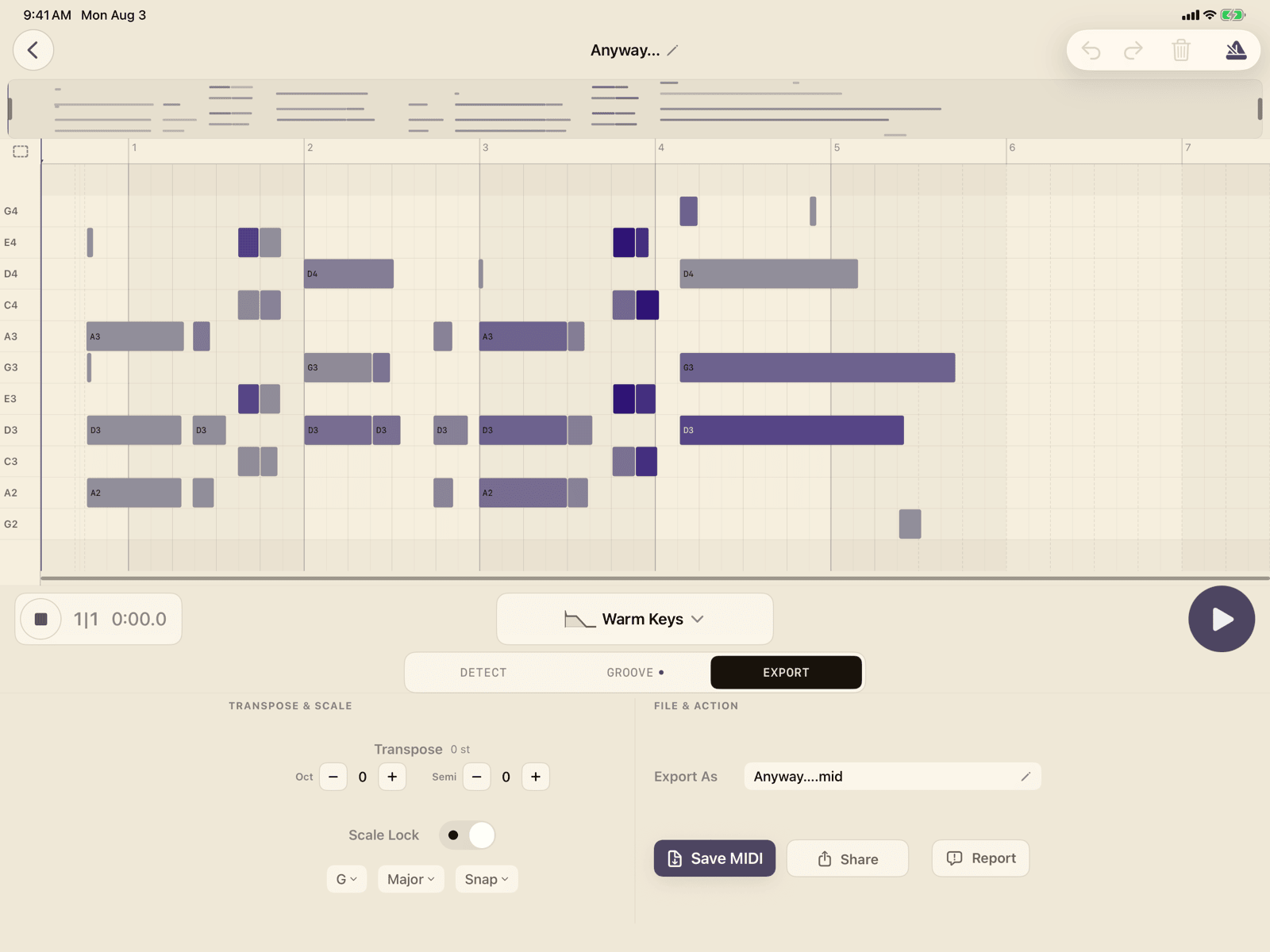 MemoToMIDI Build 10 iPad Export panel with Transpose, Scale Lock, Export As, Save MIDI, Share, and Report controls
