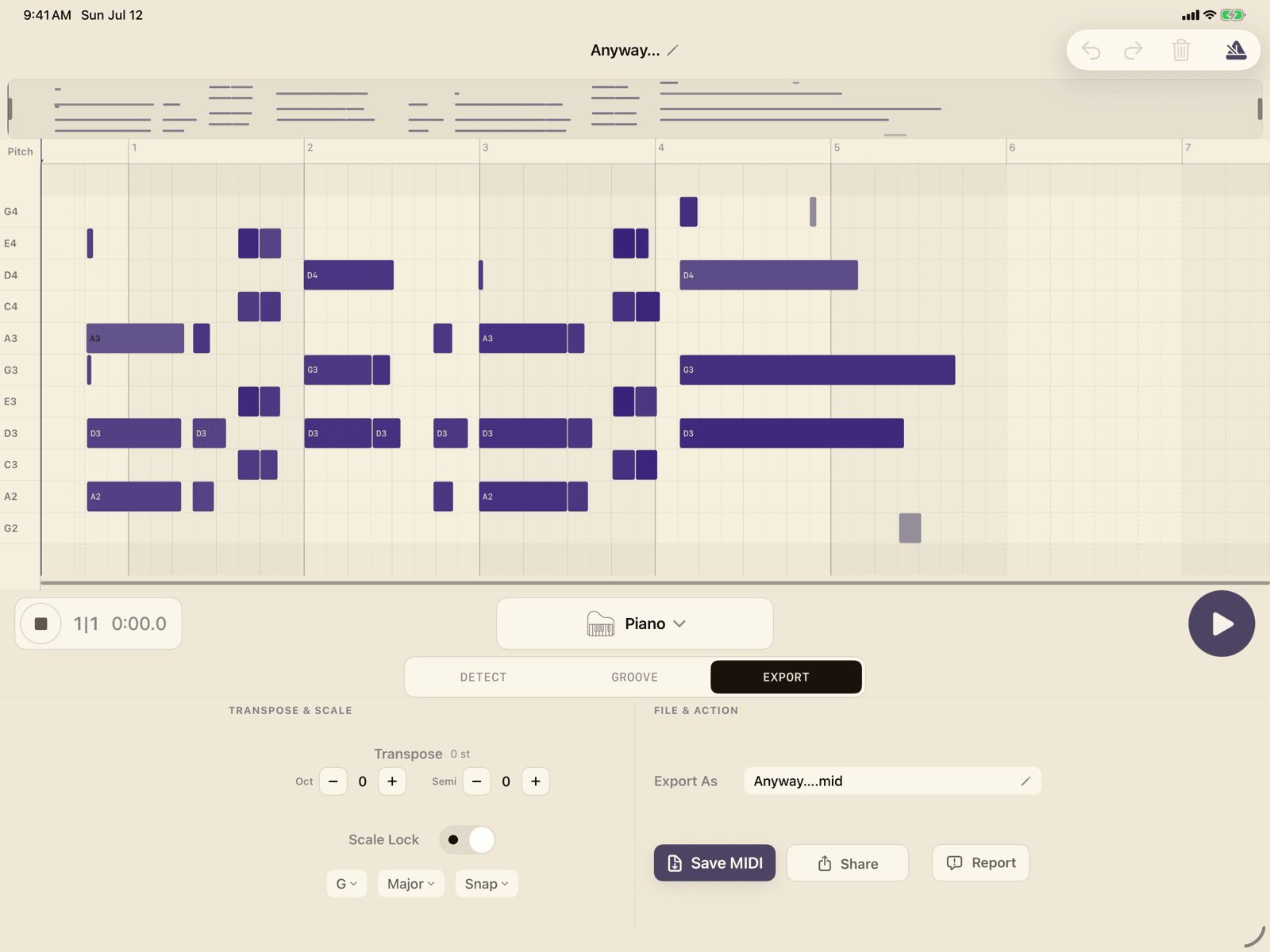 Current MemoToMIDI iPad Export panel with Transpose, Scale Lock, Export As, Save MIDI, Share, and Report controls