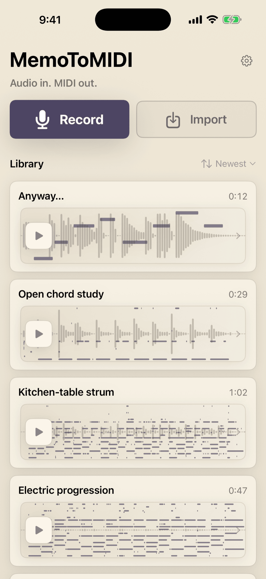 Current MemoToMIDI Library on iPhone with named takes, waveform and MIDI previews