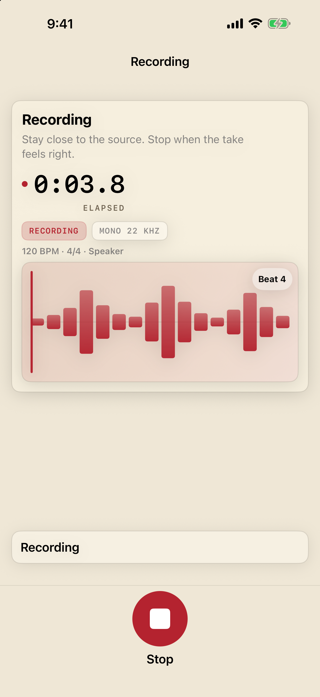 MemoToMIDI recording on iPhone at beat four, with an elapsed timer, live waveform, beat indicator, and Stop control