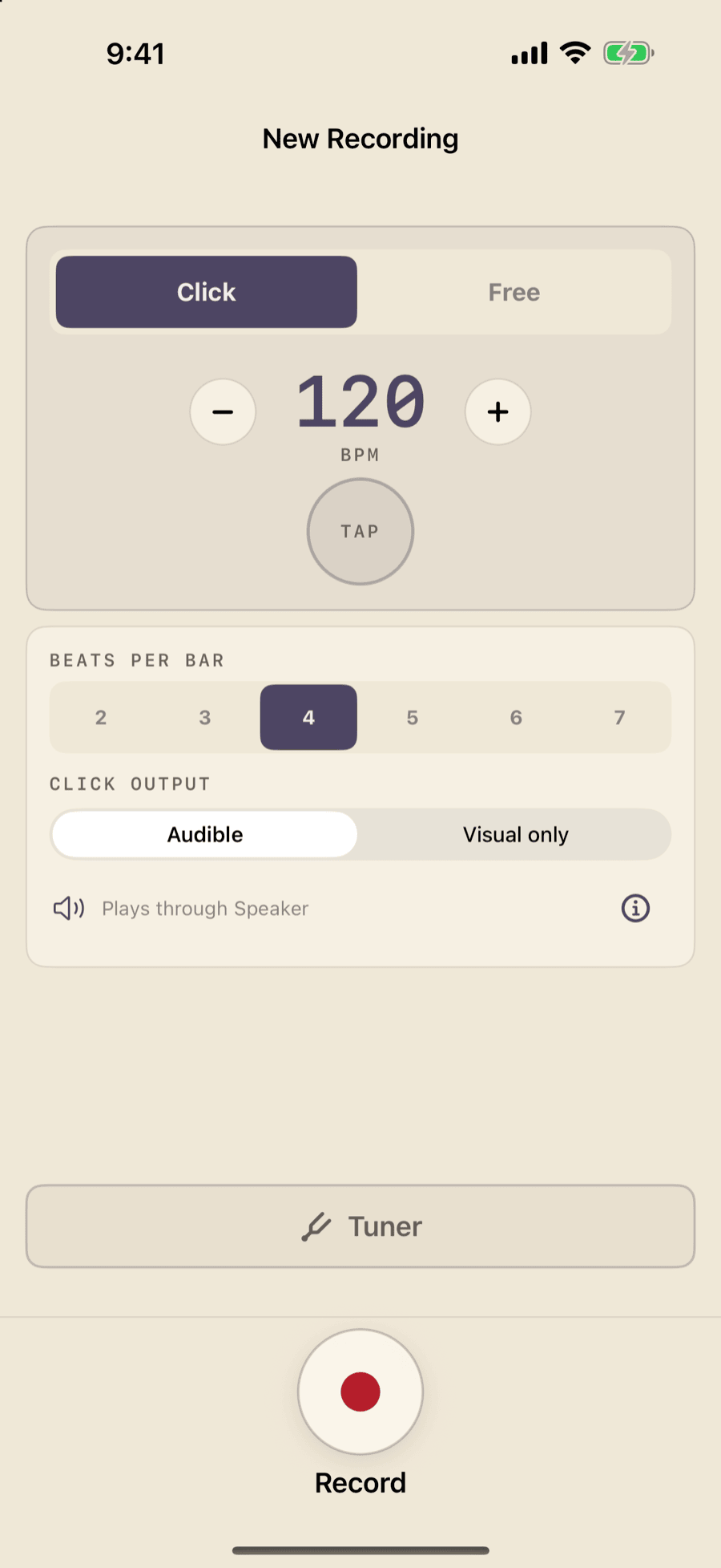 MemoToMIDI ready-to-record screen on iPhone with Click selected at 120 BPM, four beats per bar, audible output, Tuner, and Record button