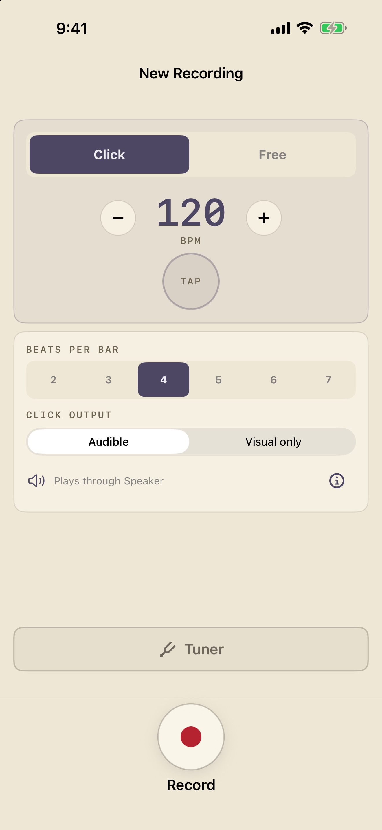 MemoToMIDI ready-to-record screen on iPhone with the Click/Free selector, tempo controls, beats per bar, click output, Tuner, and Record button