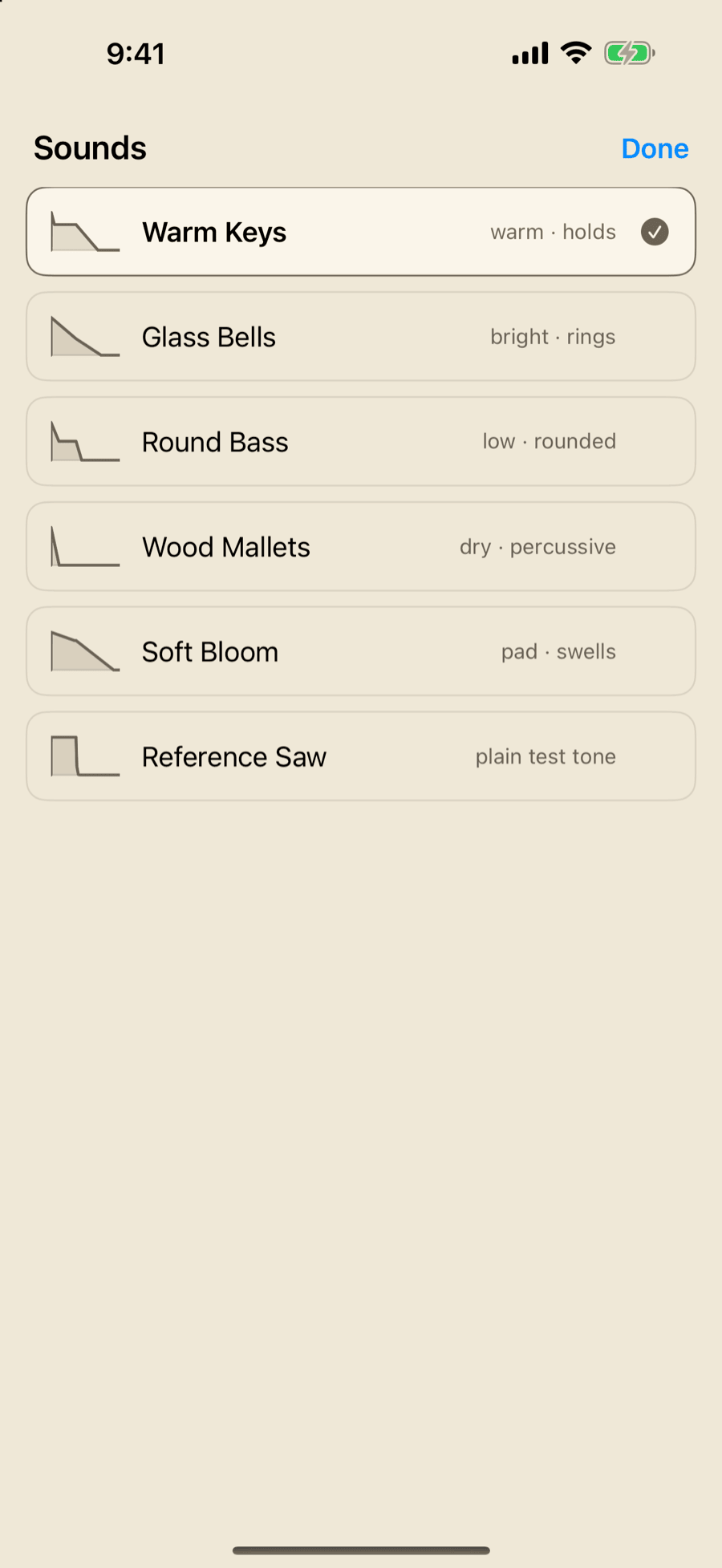 MemoToMIDI sound picker on iPhone listing Warm Keys, Glass Bells, Round Bass, Wood Mallets, Soft Bloom, and Reference Saw