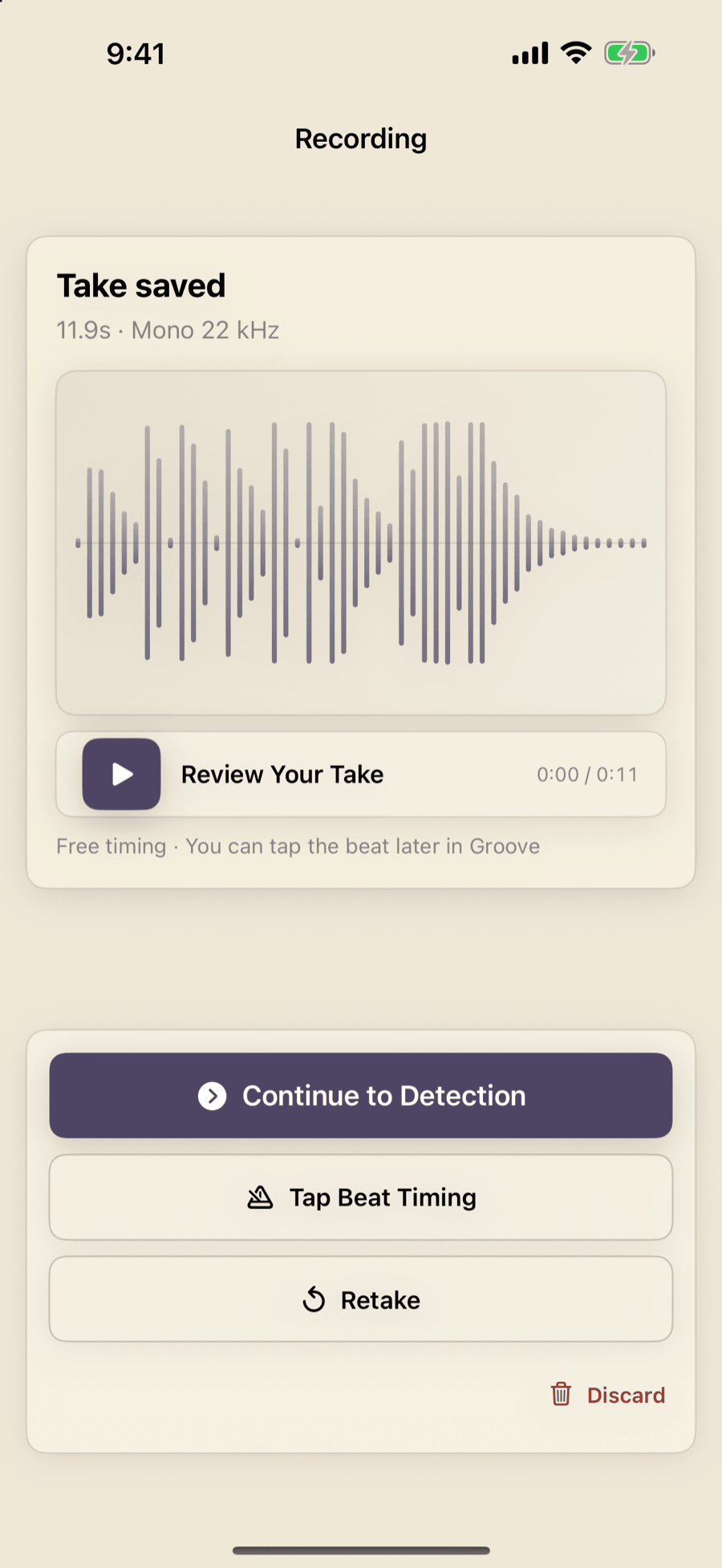 MemoToMIDI free-take review on iPhone with Continue to Detection, Tap Beat Timing, Retake, and Discard actions