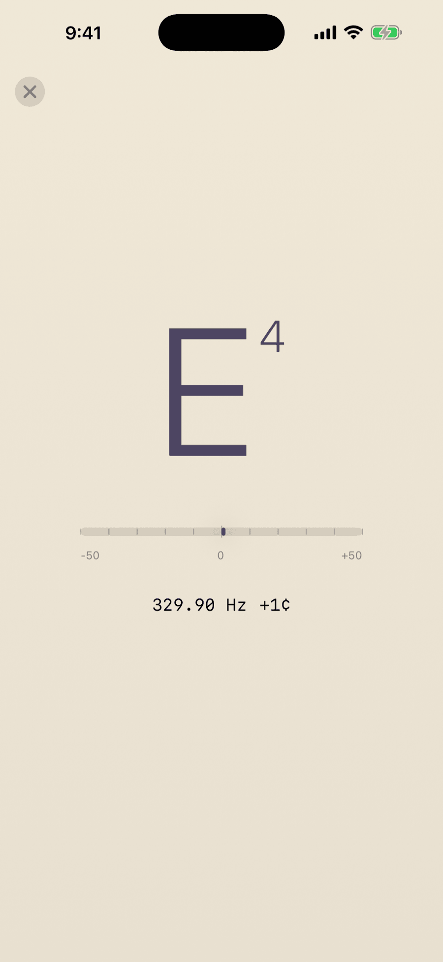 MemoToMIDI chromatic tuner on iPhone showing E4 at 329.90 Hertz and one cent sharp